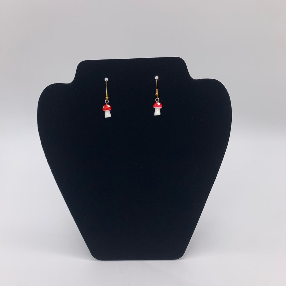 Vtg. Red & White Mushroom Dangle Drop Copper Tone Lightweight Hook Earrings